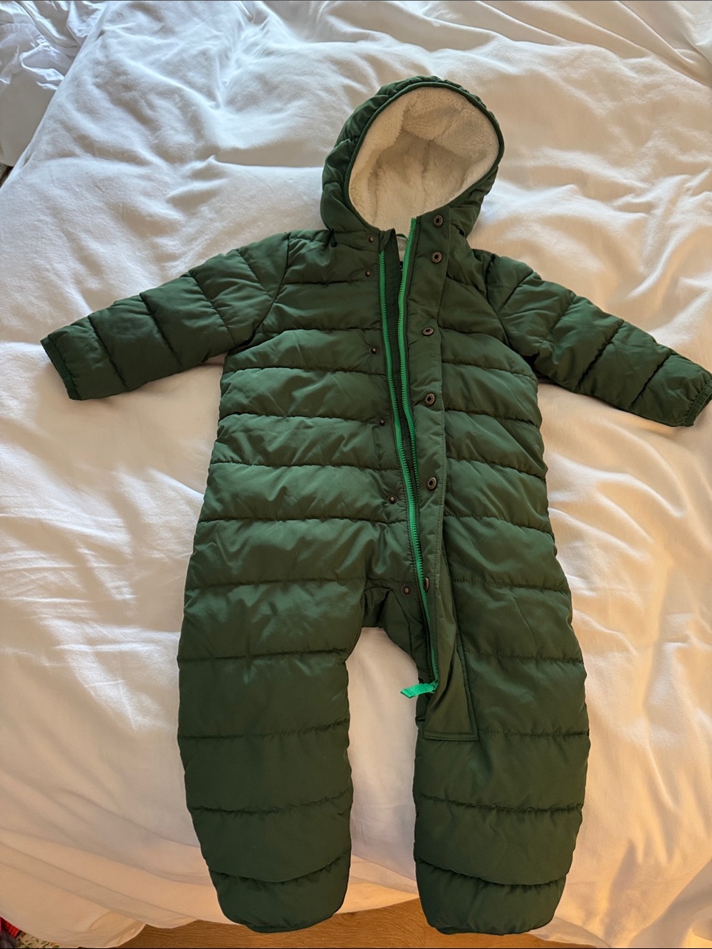 Primary Forest Green Quilted Snowsuit with Sherpa Hood